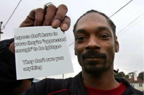 ace-adore:[Image ID: a meme of Snoop Dogg holding a sign that says “Aspecs don’t have to prove they’