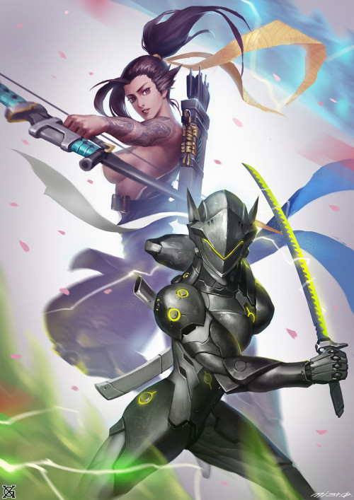 cyberclays:   Dragon Sisters  - Overwatch characters reimagined: fan art by  mist XG  More from this series by mist XG on my tumblr [here]    More selected Hanzo      art on my tumblr [here]  More selected Genji art on my tumblr [here] More Overwatch