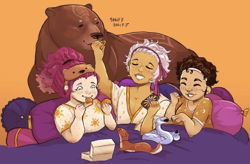 Chicken nugget party!Mirabelle, Asra, and @cater-pickle‘s Elise spend some routine self-care time to