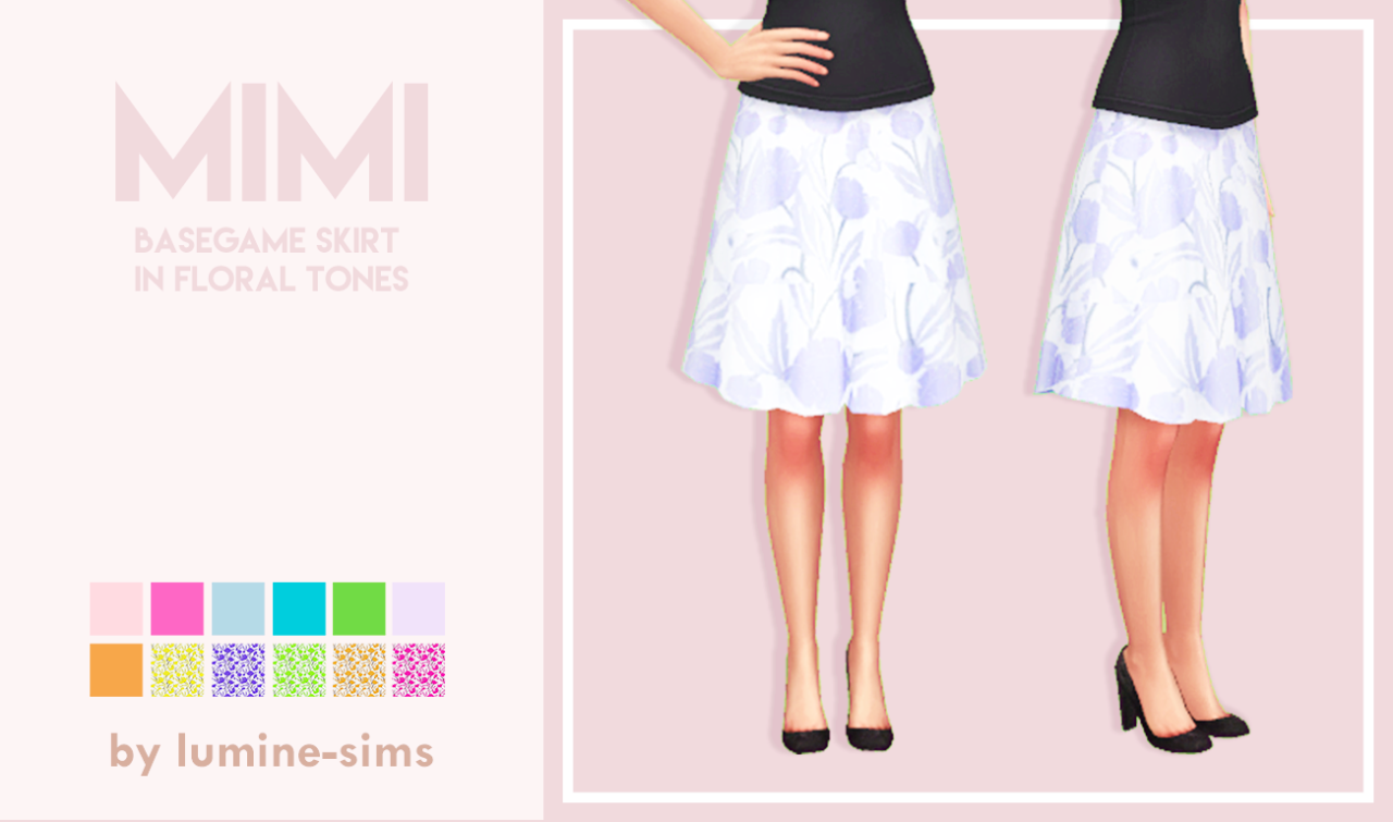 lumine-sims:
“Mimi : In Florals and Pastels
A retro-inspired knee length skirt in 12 swatches.
• 7 pastels
• 5 floral patterns
• Custom thumbnail for easy access
• YA above
• Basegame compatible
Download: SIMFILESHARE!
Tag me at @lumine-sims if you...