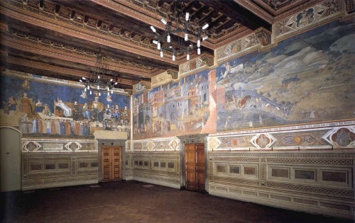 Ambrogio Lorenzetti (Siena, c. 1290 - 1348); Allegories of the Good and Bad Government and their Effects on the City and on the Country (partial view), 1338-39; fresco, 200 cm x 770 cm x 1440 cm; Sala della Pace (also known as Sala dei Nove), Palazzo