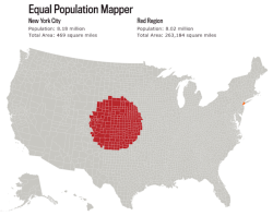 urbangeographies:  ratak-monodosico:    Equal Population Mapper    MAPPING AND SPACE:  Variable sources of distortion Note how the “size” of the phenomenon – in this case, the area where a population equivalent to New York City’s resides –