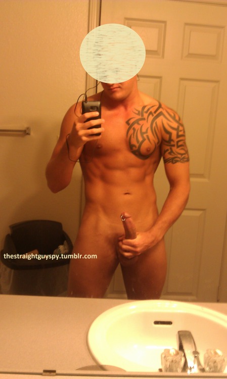 thestraightguyspy:  Hot as hell tatted straight guy from Texas with a pierced cock shows off his sexy body.  He sent a HOT cum vid too if anyone is interested.