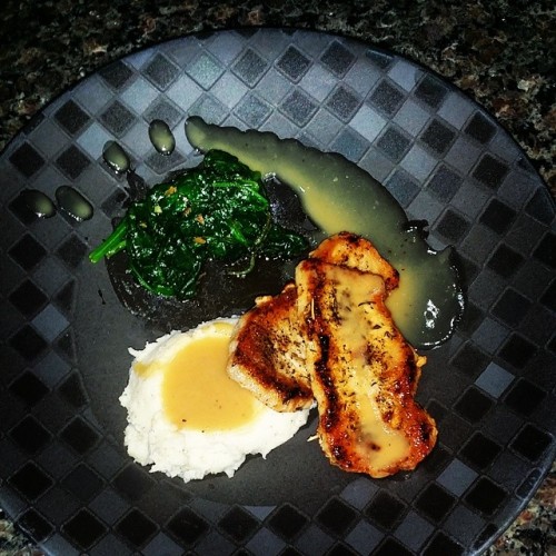 Pan seared pork chops, garlic mash potatoes, sautéed spinach in pork grease garlic sea salt n pepper