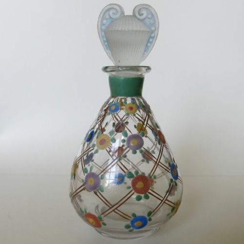 Vintage 1920&rsquo;s Art Deco Glass French Enamel Flower Perfume Scent Bottle