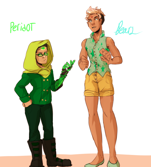 askthefamilyoflove:  //(( I did some slight re-designs! (If you want continuity, just think of Pearl being convinced by Ame to have her hair cut lol) I REEAALLLYYY love the designs of Peridot by @askthecollegegems and the Pearl design by @piikeo so I