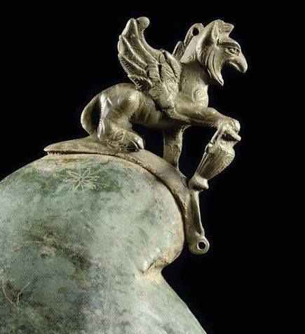 Detail of the griffin on The Roman bronze cavalry parade helmet that was found in Crosby Garrett, Cu