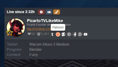 picartotv:  Picarto.TV - Developer NewsDear followers,we have added something new to our WIP of our page redesign. As you can see we have added some socials that you are able to link to your account pages and let them displayed on your channel page.We