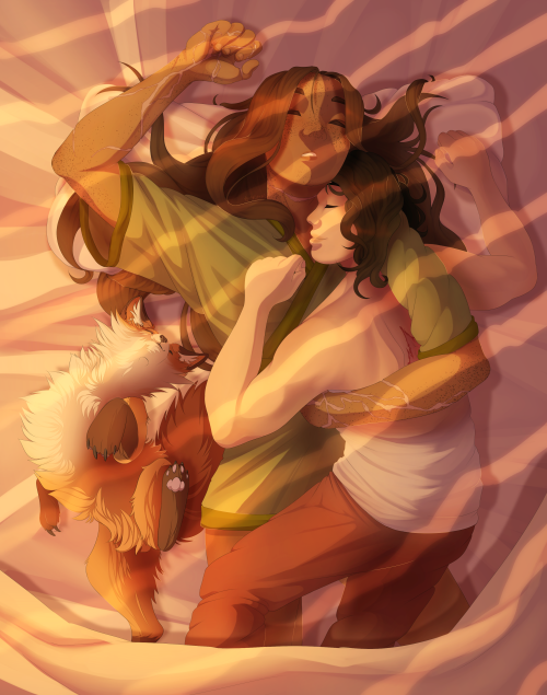 andyxdraws: [ID: a digital illustration of Kyoshi, Rangi, and Kyoshi’s fox from the Kyoshi novels. K