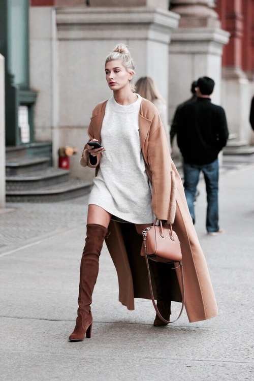 streetstyleplatform: Khaki Lapel Long Coat ++ Casual White Day Dress + Over the Knee Suede Boot