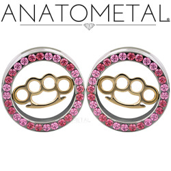 anatometal:  1 1/8&quot; Brass Knuckle Eyelets with bronze Brass Knuckle Inserts: Pink CZ and Salmon Pink gemstones