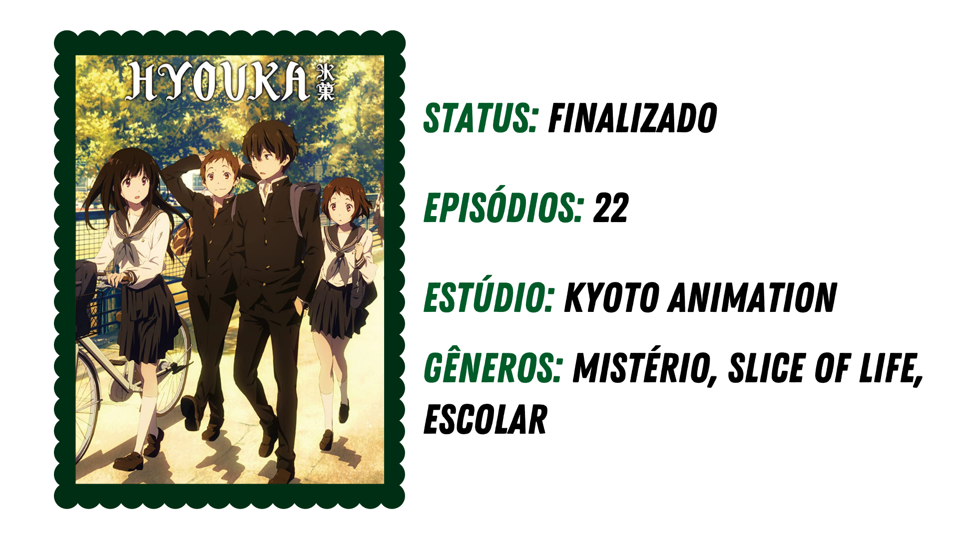 Hyouka Gêneros: Mistério, vida - Indicações de animes