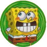 green sticker of spongebob looking away with a big smile his hands behind his back.