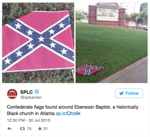 stonerscully:  hysteriffic:  micdotcom:  4 Confederate flags were found at an MLK historical site in Georgia Employees of Atlanta’s historically black Ebenezer Baptist Church arrived to a grim surprise Thursday morning: four Confederate battle flags