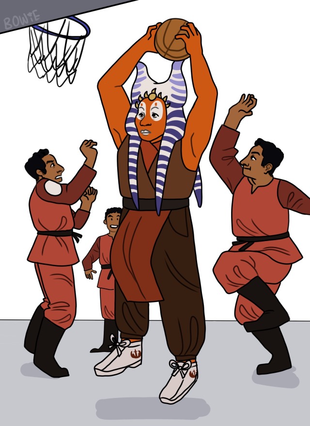 a digital drawing of shaak ti playing basketball with a group of clone cadets. She is incredibly buff and talk, and is dunking on all of them.