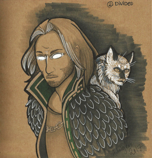 doodlnoodl:Inktober Day 2, Divided So I drew that moody mage, Anders with his Ser Pounce-a-lot!