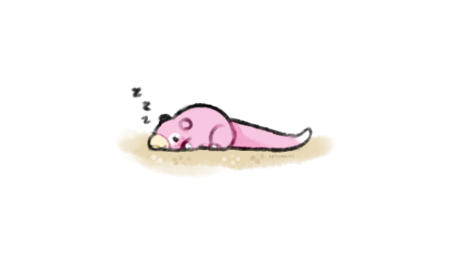tilde-heart:spicymochi:zzz [Image description: A very tiny Slowpoke from Pokemon smiling and sleepin