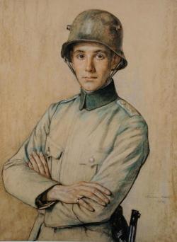 huariqueje:  Banker son with steel helmet *    -   Otto Wilhelm Sohn Rethel , 1918 German,  1877-1949 Pastel crayon on paper *  Johann Heinrich von Stein   