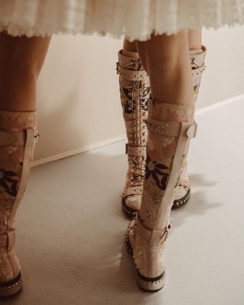 Hobnail boots with floral patchwork embroidery at the SS17 show.  Alexander McQueen