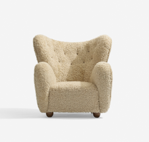 Flemming Lassen, attributed, lounge chair, 1940. Sheepskin, stained beech. Denmark. Via Wright