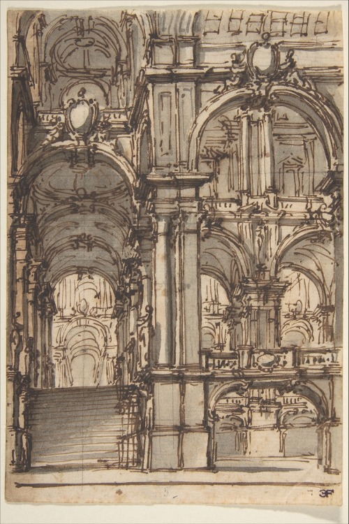 Design for a Stage Set: Stairway and Arcades Leading to a Salone, by Giovanni Battista Natali, Metro