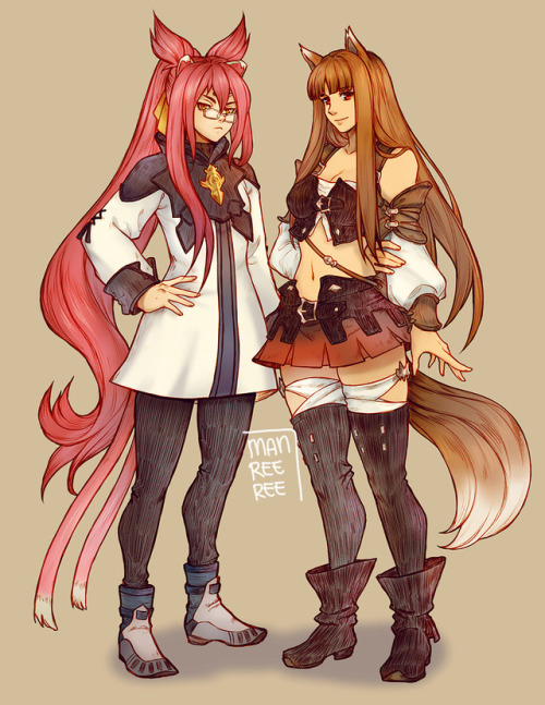 terranoie:Commission for @ivandraco! Kokonoe (blazblue) and Holo (spicewolf) in FF14 garments.