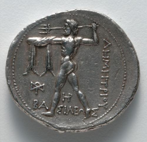 cma-greek-roman-art:Tetradrachm: Poseidon hurling a trident (reverse), c. 300-295 BC, Cleveland Muse