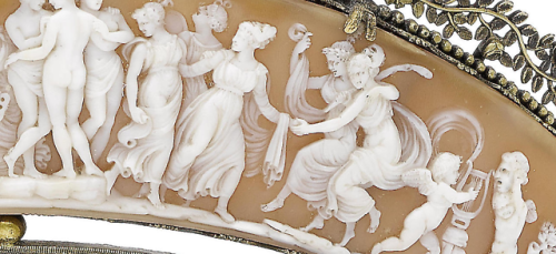 cair–paravel:Shell cameo diadem depicting the Three Graces and a festival, c. 1820-30 (via).