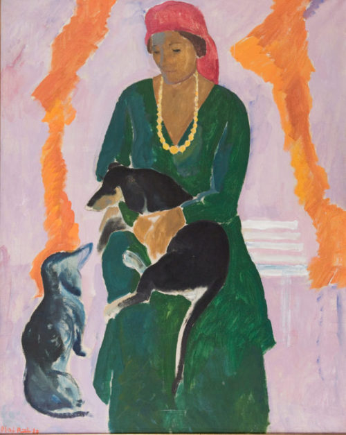 Green woman with two black dogs   -   Olaf Rude , 1920.Danish,1886-1957Oil on canvas, 125,5 x 101,5 