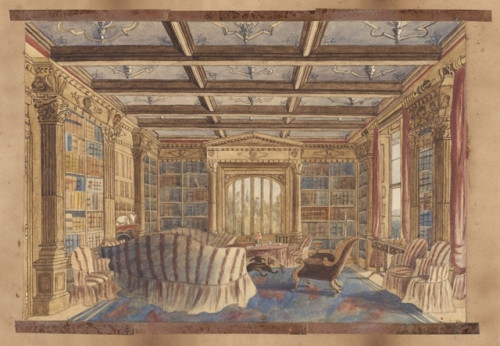 The Library at Dingestow   -   Charlotte Bosanquet , 1840s.British, 1790-1852.Brush watercolour,pen 