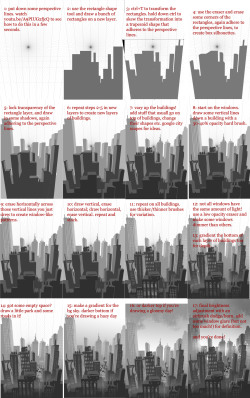 okolnir:  How to sketch up a city quickly ^^ CLICK HERE FOR FULL SIZE. This is a rough re-creation of this sketch since there was interest in how I did it without pulling my hair off, and I wanted to share it in case people just need to get a rough citysc