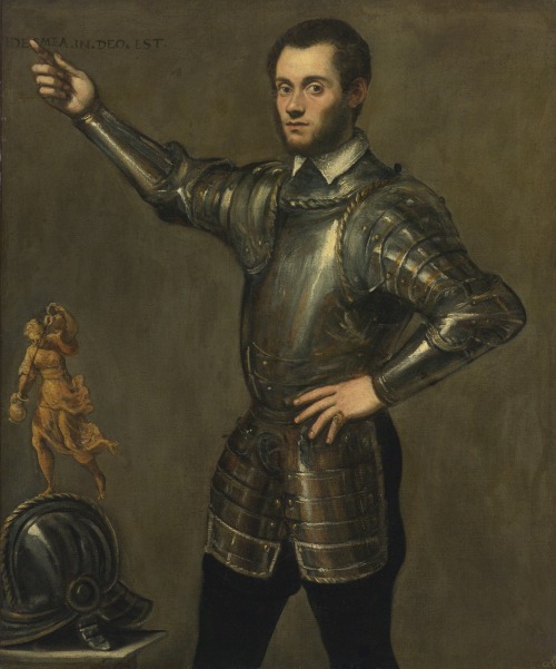 Portrait of a Nobleman in Armor, Standing Three-Quarter Length, Beside Him His Helmet by Jacopo Tint