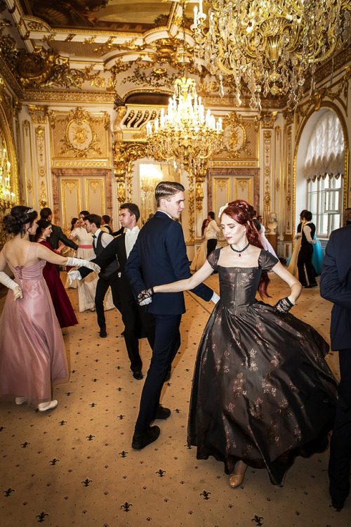 Ball in Saint-Petersburg.My new 19th century stilization dress from brown brocade. Design and sewing