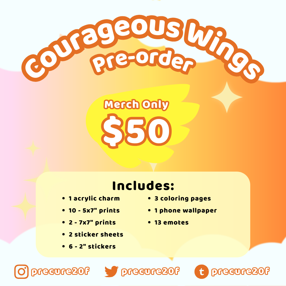 Habatake! bundle 3: Courageous Wings - $50  This bundle includes: 3 digital coloring pages, 1 phone wallpaper, 13 emotes, 1 acrylic charm, 10 - 5x7 in. prints, 2 - 7x7 in. prints, 2 sticker sheets, and 6 2 in. stickers.