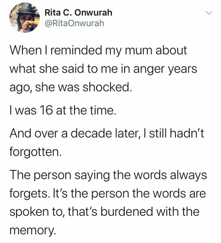 alterboyx:
“ kyraneko:
““The axe forgets, but the tree remembers.” ”
This is a huge thing ESPECIALLY with kids. To the parent, they lashed out when they were mad and forgot about it, expecting the kid to forget too. To the kid? It was a big moment...