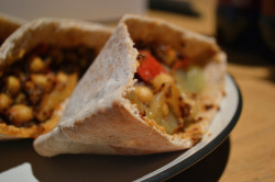 veganfeast:  chorizo pita with garbanzos and pineapple coulis by Mr. Tender Branson on Flickr.