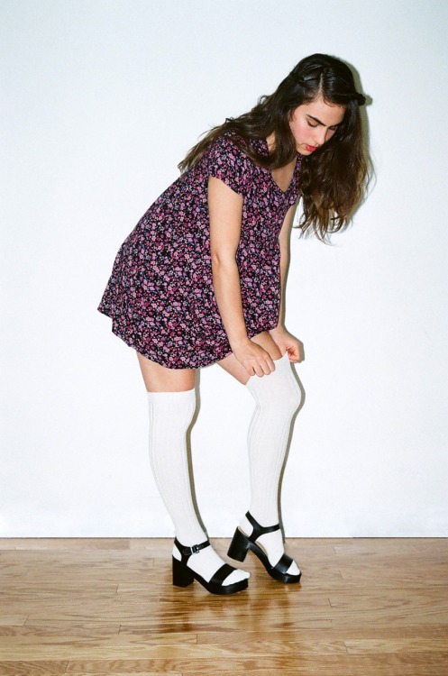 americanapparel: Anitra wears the New Printed Rayon Babydoll Dress, Ribbed Modal Over the Knee Sock 