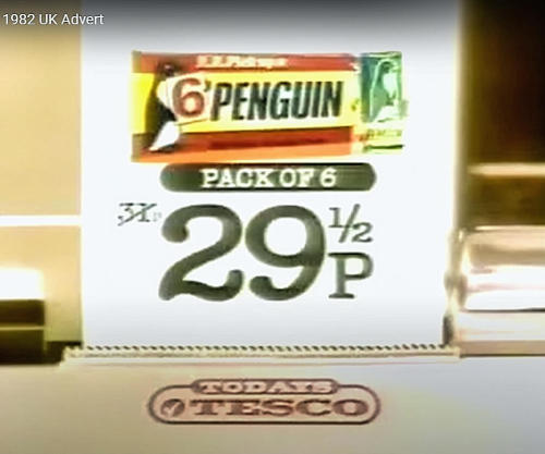 1982 Tesco advert for a pack of 6 Penguin biscuits. Reduced to 29 and a 1/2p - bargain! P…P&h