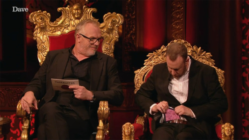 taskmastercaps: [ID: Six screencaps from Taskmaster. Greg Davies says to Rhod Gilbert, “It see