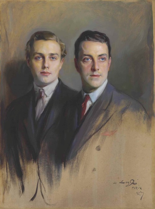 Double portrait of Reginald Wright and John Brady Wright, his stepson, half-lenght.1927.Oil on board