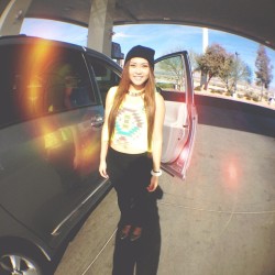 maikeespenilla:  Gassin’ up before we head off to San Diego! — Neon yellow crop top x Leggings x Gold flats x Beanie