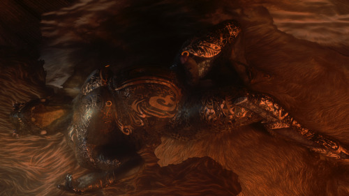 the-dredd:  Messing around with Skyrim again. Argonian hunks just never get old. Tattoos are from “Male Tattoos for Slavetats”. Body is SAM, enb preset is T.A.Z. Visual Overhaul. Poses from Halo’s Poser. 