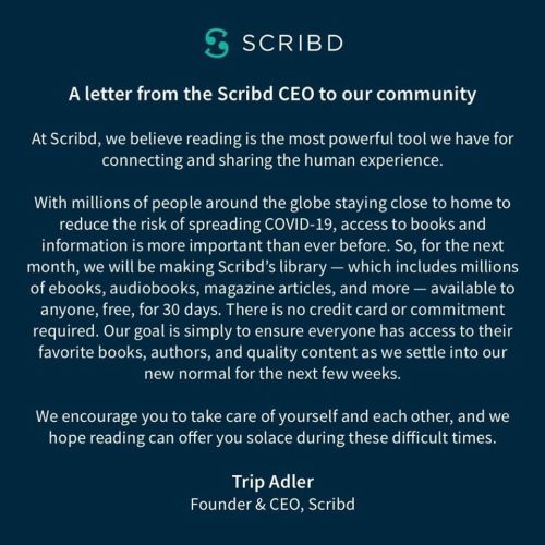 bookmania:While millions of people are staying home to reduce the spread of COVID-19, Scribd is ma