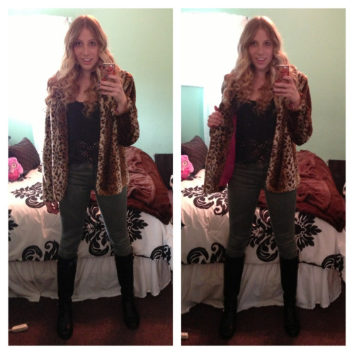 Leopard jacket: Forever 21 Black tank w/eyelet cutouts: Brandy Melville Olive pants: TJ Maxx Boots: 