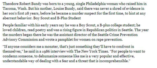 arabellesicardi:  Here is a side by side comparison of how The New York Times has profiled Michael Brown — an 18 year old black boy gunned down by police — and how they profiled Ted Bundy, one of the most prolific serial killers of all time.  Source