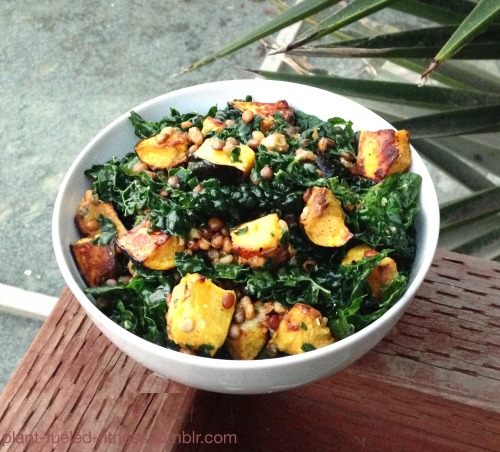 Kale Salad with Roasted Acorn Squash and Lentils.