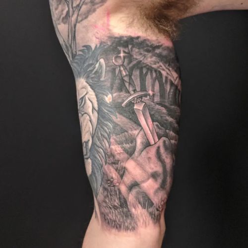 Some sword in the stone action to finish up Brendan&rsquo;s upper arm!  #tattoo #toronto #toront