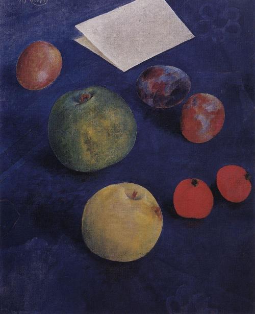 kuzma-petrov-vodkin: Fruit on a blue tablecloth, 1921, Kuzma Petrov-Vodkin