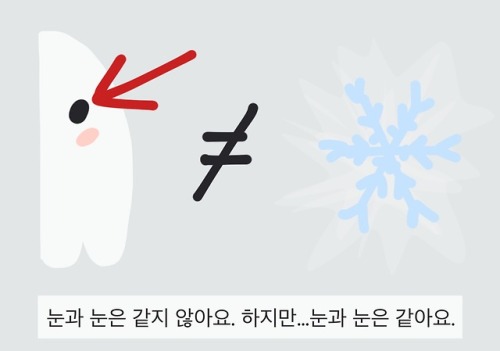 studykorean101:한국어 이의어 - Korean Homonyms 눈과 눈은 같지 않아요. 하지만…눈과 눈은 같아요. - Snow and eye aren’t the same