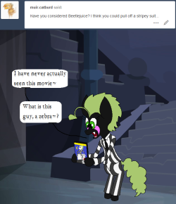 darkfiretaimatsu: I mean, I wear stripes, but this is a lot of stripes, ghostly zebra man~ But regardless, I don’t care for wearing pants~  =O I am shocked! Beetlejuice seems like exactly the kind of crazy, monstrous ghost-zombie-thing you’d loooove.